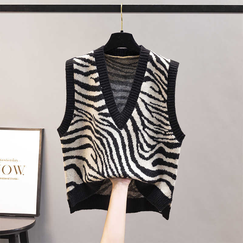 V-Neck Knitted Vest Women Korean Fashion Zebra Pattern Sleeveless Sweaters Waistcoat for Outwear Spring Autumn 210819
