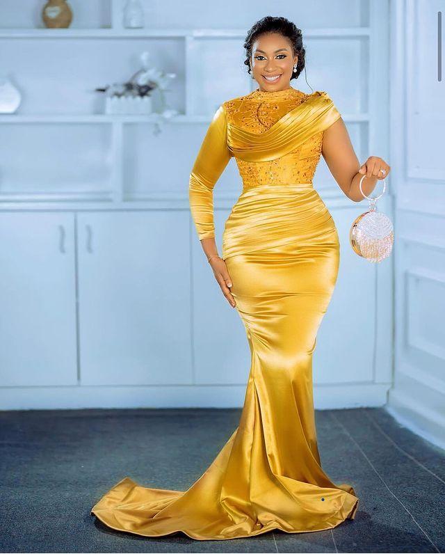 Plus Size Arabic Aso Ebi Yellow Mermaid Sexy Prom Dresses Lace Long Sleeve Satin High Neck African Evening Reception Gown