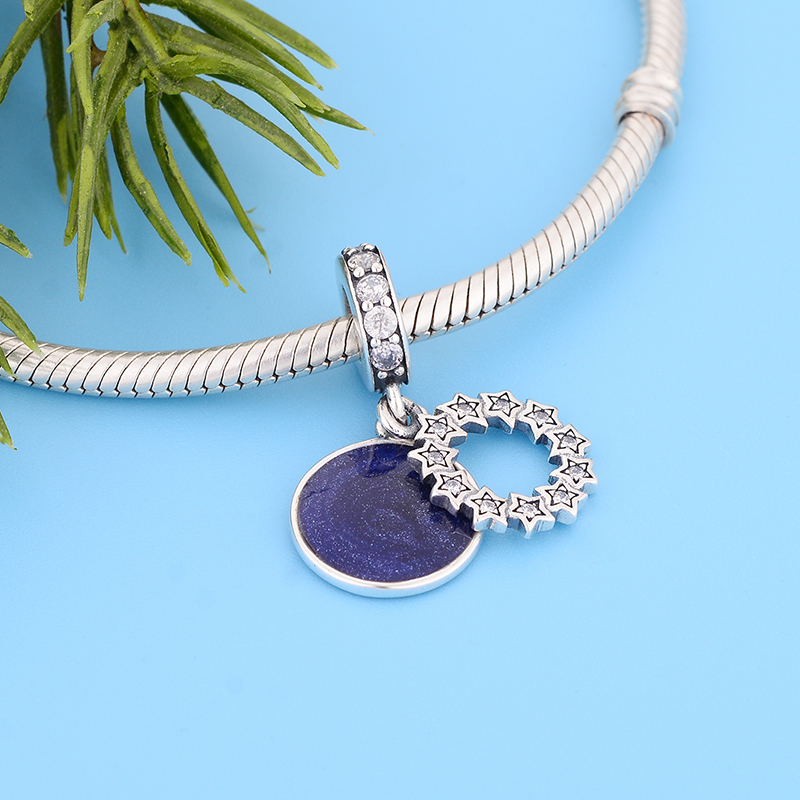 925 Sterling Silver Blue Galaxy Enamel Zirconia Stars Arrangement & Heart Circle Pendant Beads Fit Original Pandora Charm Bracelet Making Women Berloq