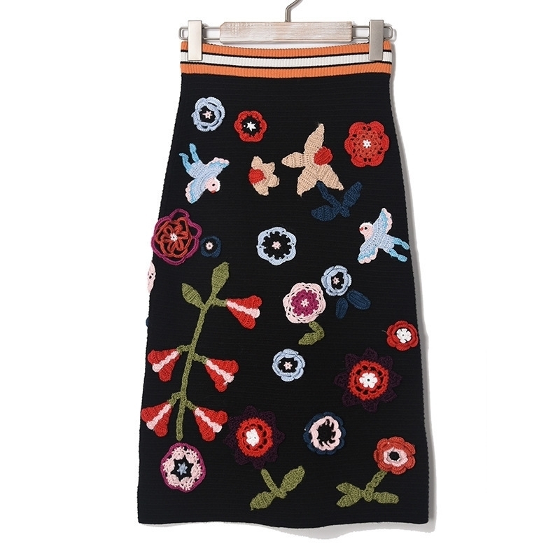 3D Flowers Aapliques Midi Pencil Skirts Womens Fashion Runway Elegant Sweater Skirt Winter High Waist Knitting Midi Long Skirt T200113