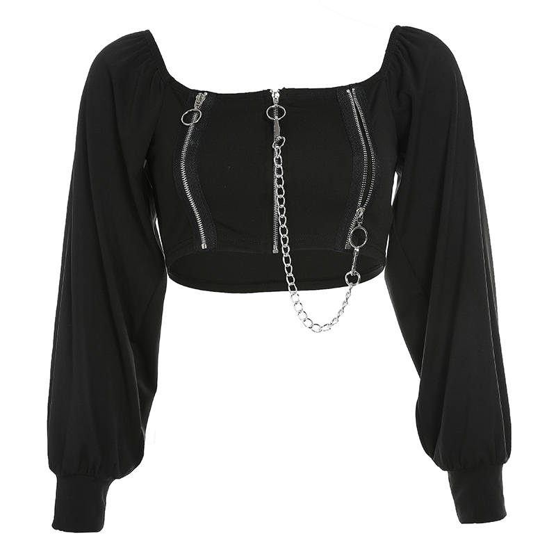 Rockmore Double Zipper Chain Tshirt Women Black Gothic Crop Top Long Puff Sleeve Square Collar Backless Shirts Casual T-shirt 210302