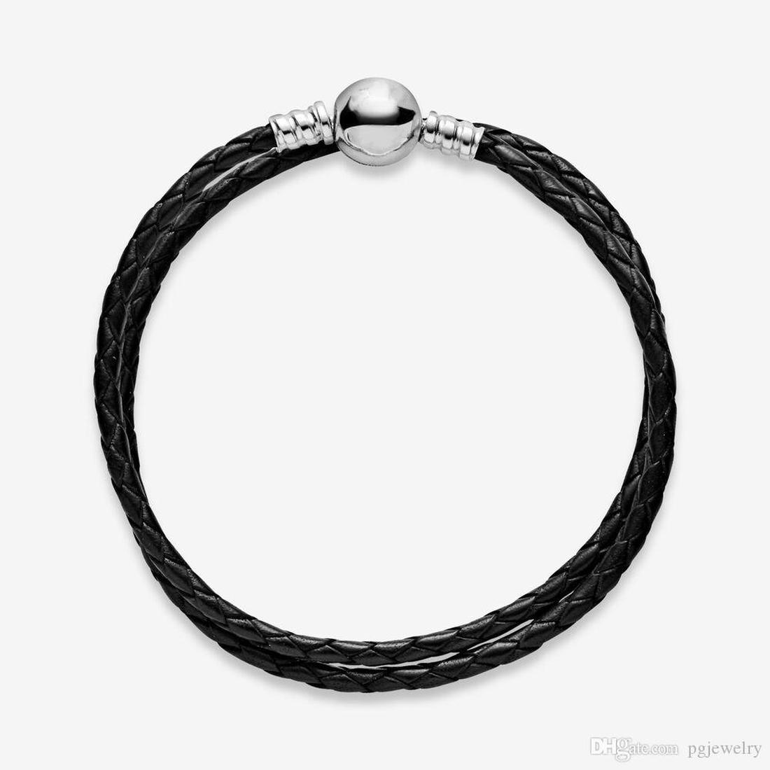 Fine jewelry Authentic 925 Sterling Silver Bead Fit Charm Bracelets Charms Bracelets Moments Double Black & Pink Leather Safety Chain Pendant DIY bead