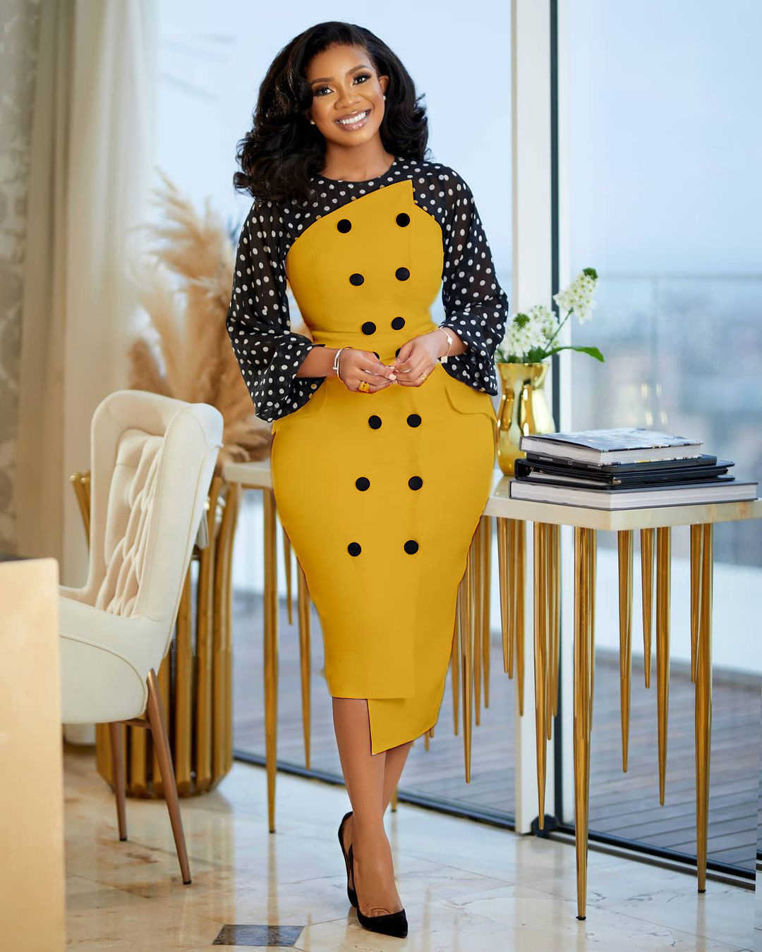 Women Dot Splicing Double Breasted Asymmetrical Hem Office Lady Elegant Dress 210702