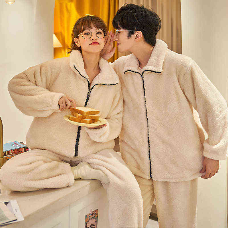 Autumn Winter Warm Flannel Zipper Couple Pajamas Set Women Sleepwear Family Pijama Lover Homewear Cloth Women Casual Men Pyjamas 211118