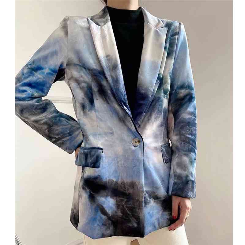 Causal Women Blue Tie-Dye Velvet Jacket Fashion Ladies V-Neck Singles Button Coats Streetwear Female Chic Slim Jackets 210527
