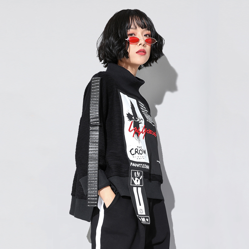 Print Letter Pattern Sweatshirt Women Hoodies Korean Fashion Pullover Patchwork Ribbon Loose Casual Clothes Autumn Winter 201102
