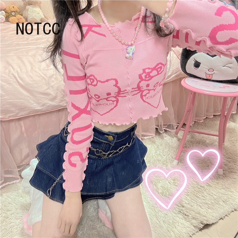 Kitty Crop Sweater Women Slim Body Knitwear Ruffles Design Tops Y2k Cute Clothes Pink Pullover Jumper Spring Summer, White;black 
Kitty Crop Sweater Women Slim Body Knitwear Ruffles Design Tops Y2k Cute Clothes Pink Pullover Jumper Spring Summer, White;black