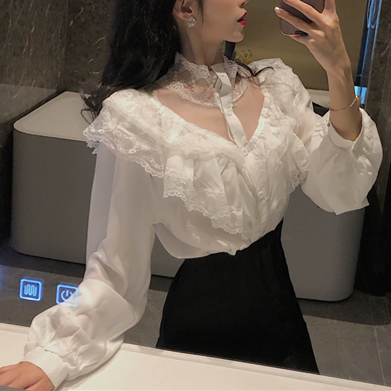 Ruffles White Lace Stitching Shirt Autumn New Fashion Lace Blouse Women Puff Sleeve Sweet Sexy Womens Tops Blusas De Mujer 10783 210225