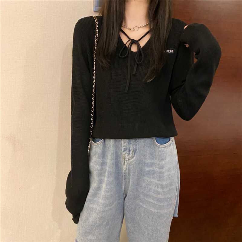 Yedinas Sexy V-Neck Lace Up Knitted Sweaters Women Autumn Long Sleeve Solid Crop Tops Spring Knitwear Japanese Ladies Jumper 210527