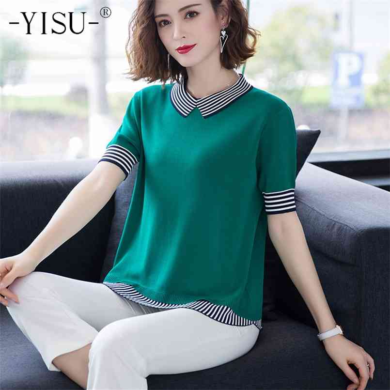 YISU high quality Women Knitted T-shirt Summer Short Sleeve Fake two pieces pullover Ice silk Cool T-shirts Tops 210708, Black
YISU high quality Women Knitted T-shirt Summer Short Sleeve Fake two pieces pullover Ice silk Cool T-shirts Tops 210708, Black