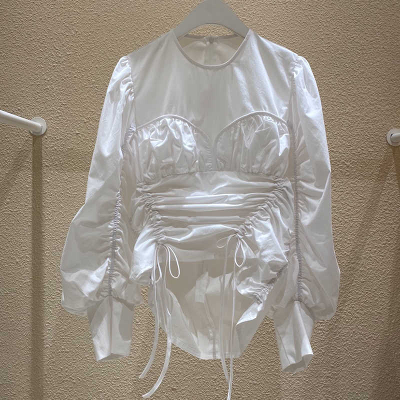 Spring White Drawstring Tie Irregular O Neck Shirt Women's Design All Match Top 210615
Spring White Drawstring Tie Irregular O Neck Shirt Women's Design All Match Top 210615