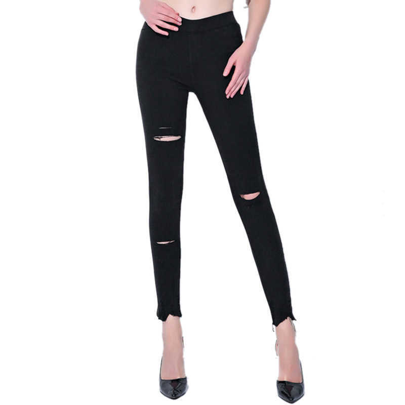 Summer Plus Size High Waist Skinny Denim Jeans Pant Ripped Hole Strechy Pencil Trousers Black Jeggings for female 210809