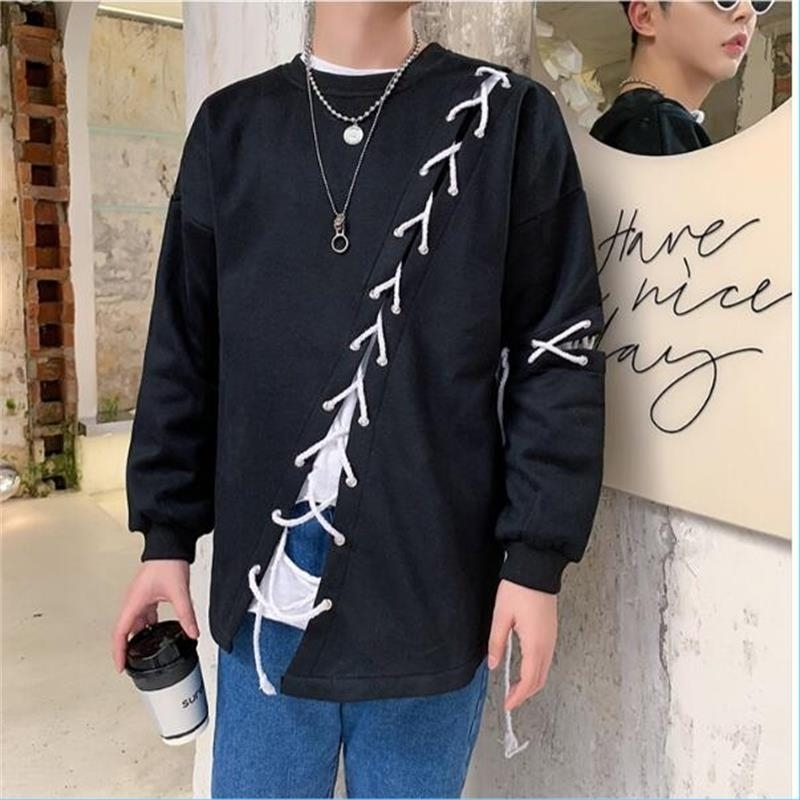 Autumn alternative belt joining loose mens hoodies streetwear casual fashion hip hop homme pullovers 201020