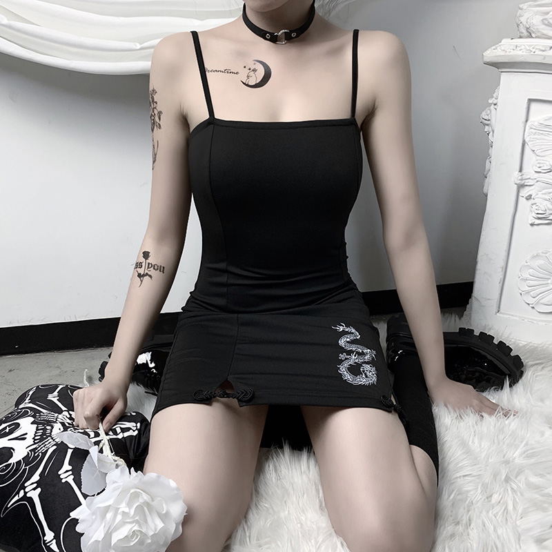 Spaghetti Strap Dress Dragon Embroidery Slit Hem Sexy Chinese Style Ladies Sleeveless Summer Mini Dress Black Gothic, Black;gray
Spaghetti Strap Dress Dragon Embroidery Slit Hem Sexy Chinese Style Ladies Sleeveless Summer Mini Dress Black Gothic, Black;gray