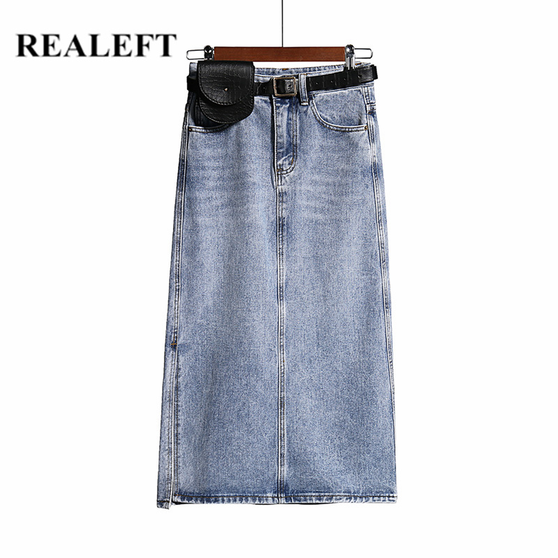 REALEFT Summer Long Denim Skirt Women Vintage High Wasit Jeans Skirt with Belt Straight Aline Pencil Skirt Female 210306