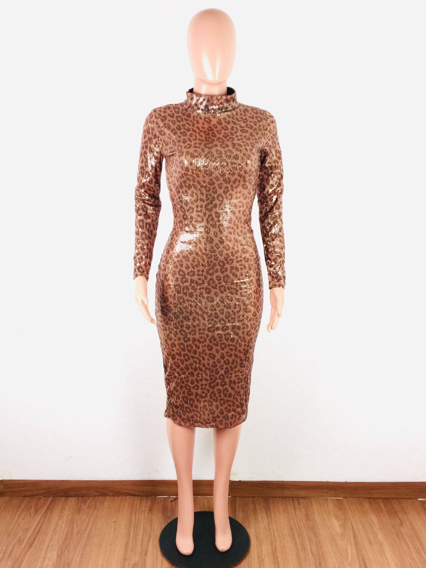 Women Long Sleeve Leopard Sequined Bodycon Dress Sexy Fall Winter Evening Party Club Midi Dress Elelgant Sparkly Dress 201008
