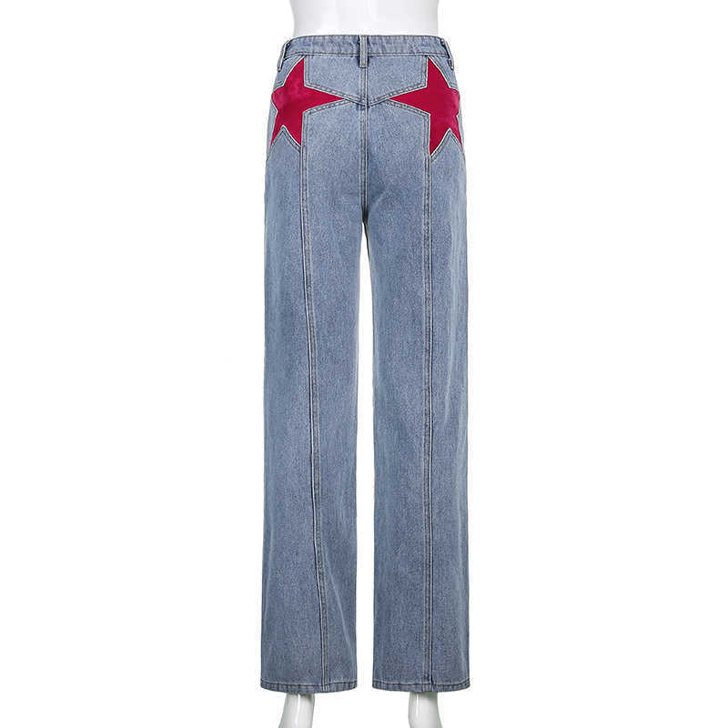 NCLAGEN Buttock Pentagram Patchwork Women Casual Flare Jeans Pants Street Fashion Vintage Elegant Disco Denim Trousers 210922
