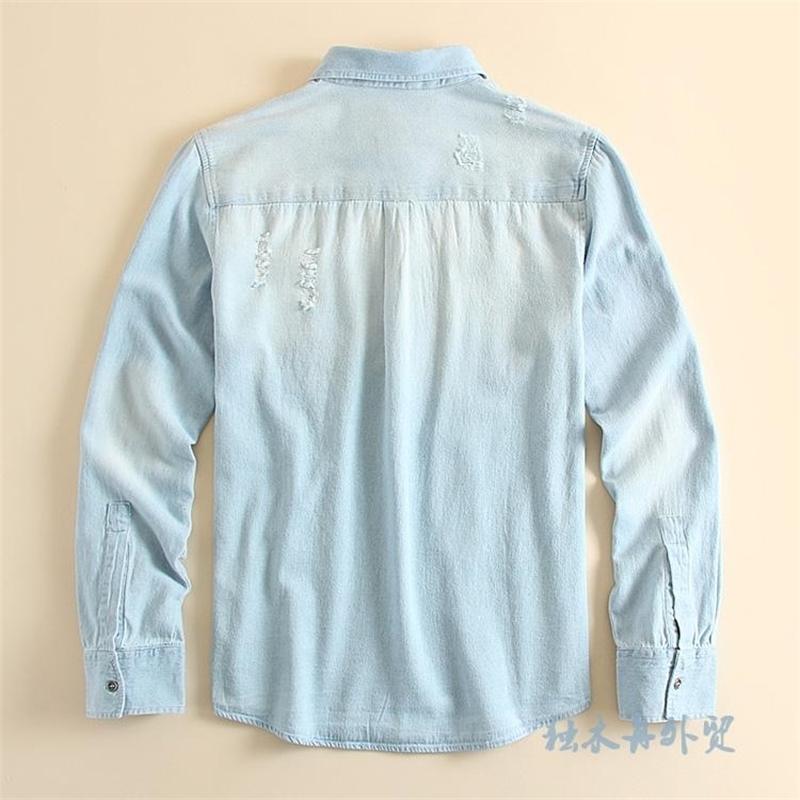 Spring and summer men fashion slim water wash long sleeve single breasted casual denim ripped shirt male trendy jean outerwear