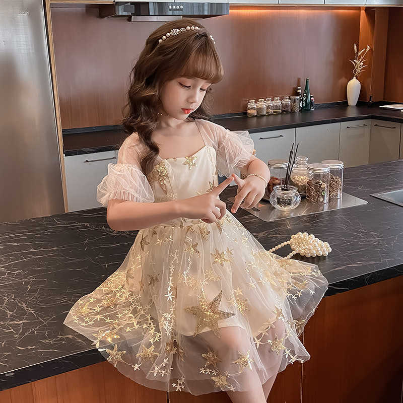 Shiny Girls Sequins Stars Dress Fluffy es for Old Kids Embrodiery Sparkle Party Birthday Vestidos 8-12 Yrs 210529