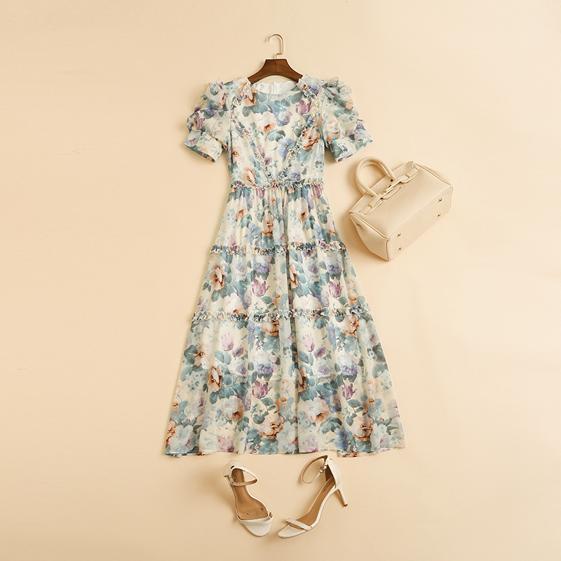 Women's Runway Dresses O Neck Short Sleeves Floral Printed Ruffles Elegant Fashion Mid Dress