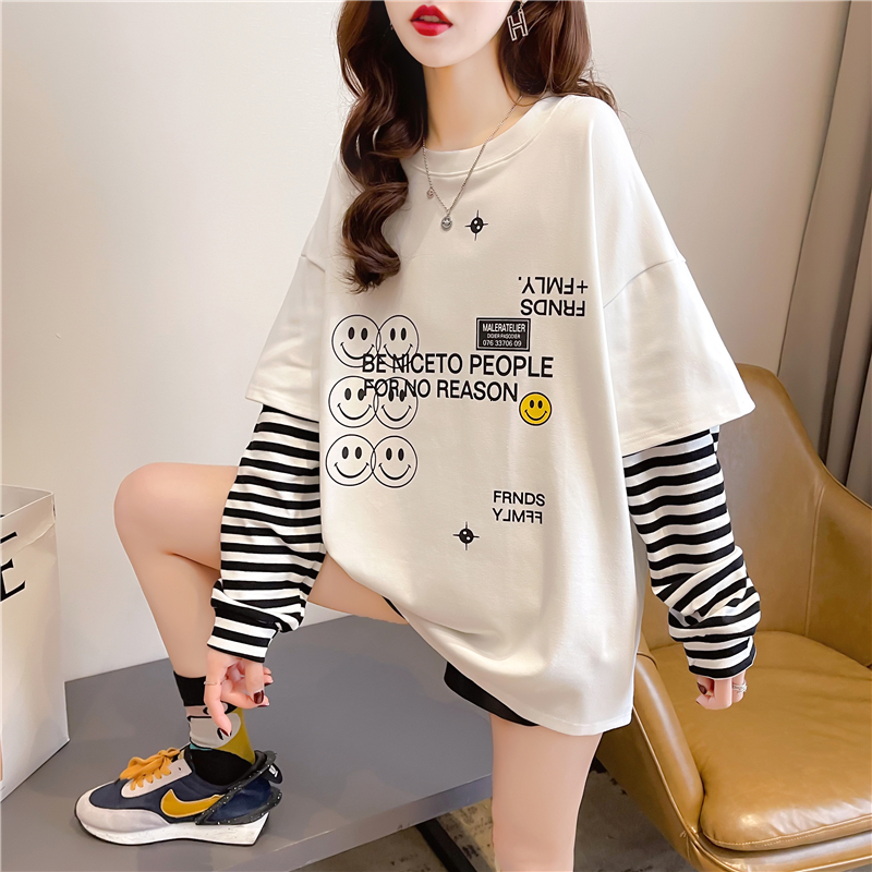 2021 New Spring Break Two Pieces Loose Round Neck Stripe Stitching Long Sleeve T-shirt Female Smiley Print Vtlh, White
2021 New Spring Break Two Pieces Loose Round Neck Stripe Stitching Long Sleeve T-shirt Female Smiley Print Vtlh, White