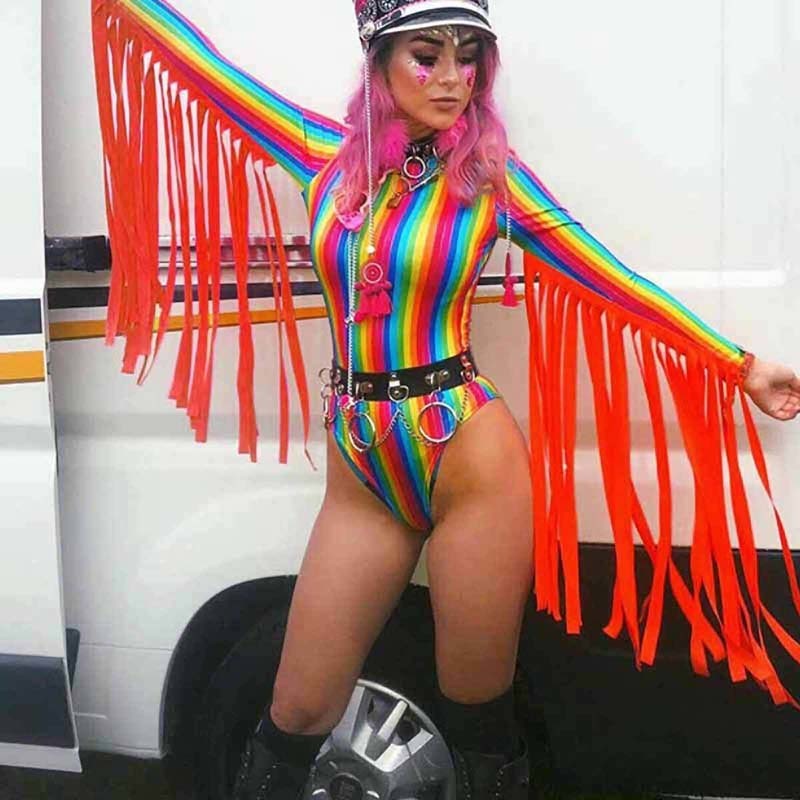 Beyprern Womens Goddess Tassle Fringe Bodysuit Fashion Long Sleeve Rainbows Striped Short Jumpsuit Festival Outfits Rave Wears Y200904