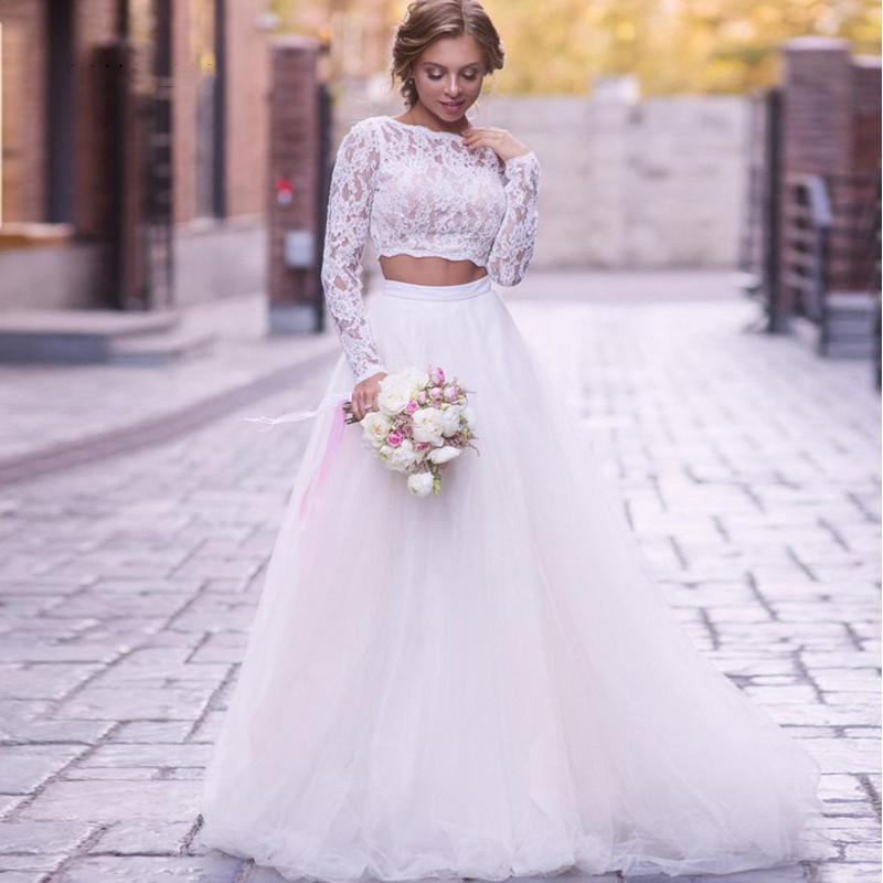 Dresses Lace Sleeves Long Two Piece 2021 Tulle Scalloped Necke or Length Country Beach Wedding Bridal Gown Vestido De Novia