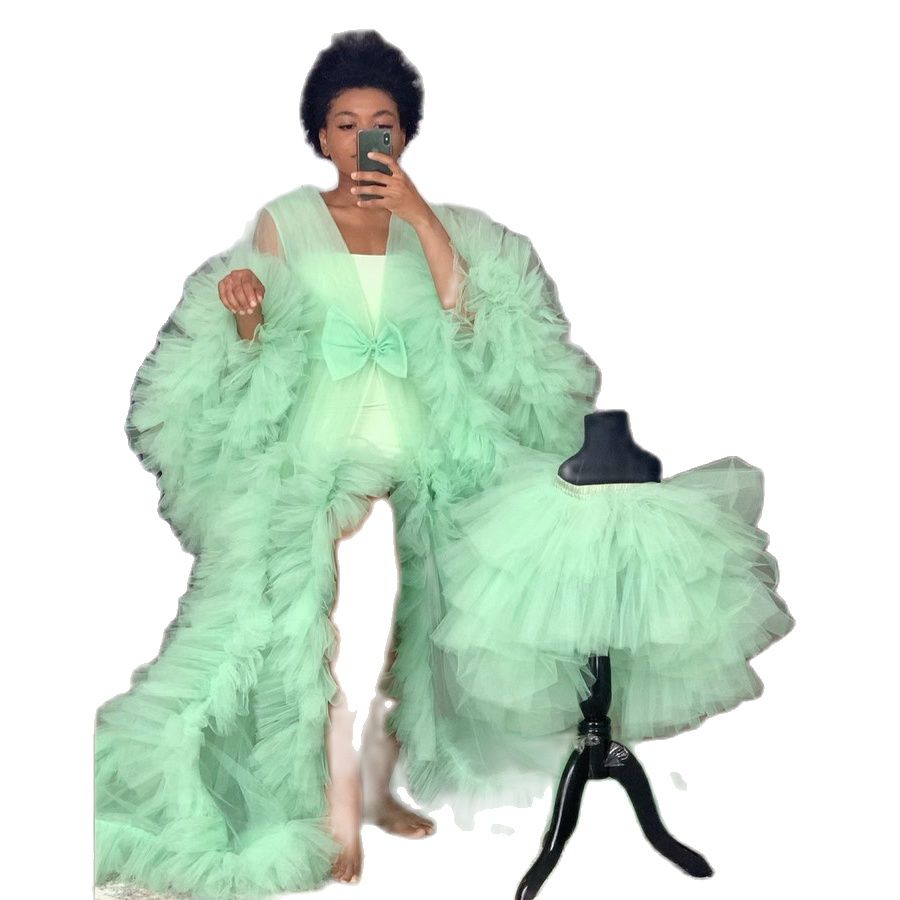 Mint Green Maternity Dresses V Neck Tulle Party Prom Gowns With Train For Photo Shoot Pregnant Women Robe