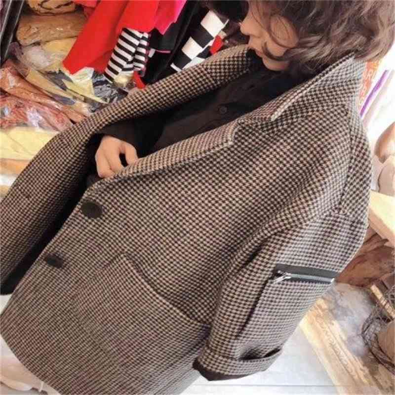 Boys' Girls' Plaid Korean Children's Fashion Middle Long British Autumn and Winter Thickened Tweed Coat