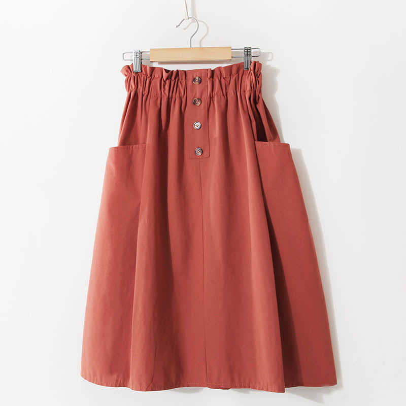 Spring Summer High-waist Cotton Yellow Skirts Double-pocket Button Knee-length Autumn Black Jupe Femme 210621