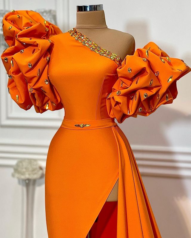 Aso Ebi 2021 Arabic Stylish Orange Sheath Evening Dresses Crystals Short Sleeves Prom Dresses Sexy Formal Party Second Reception Gowns ZJ261