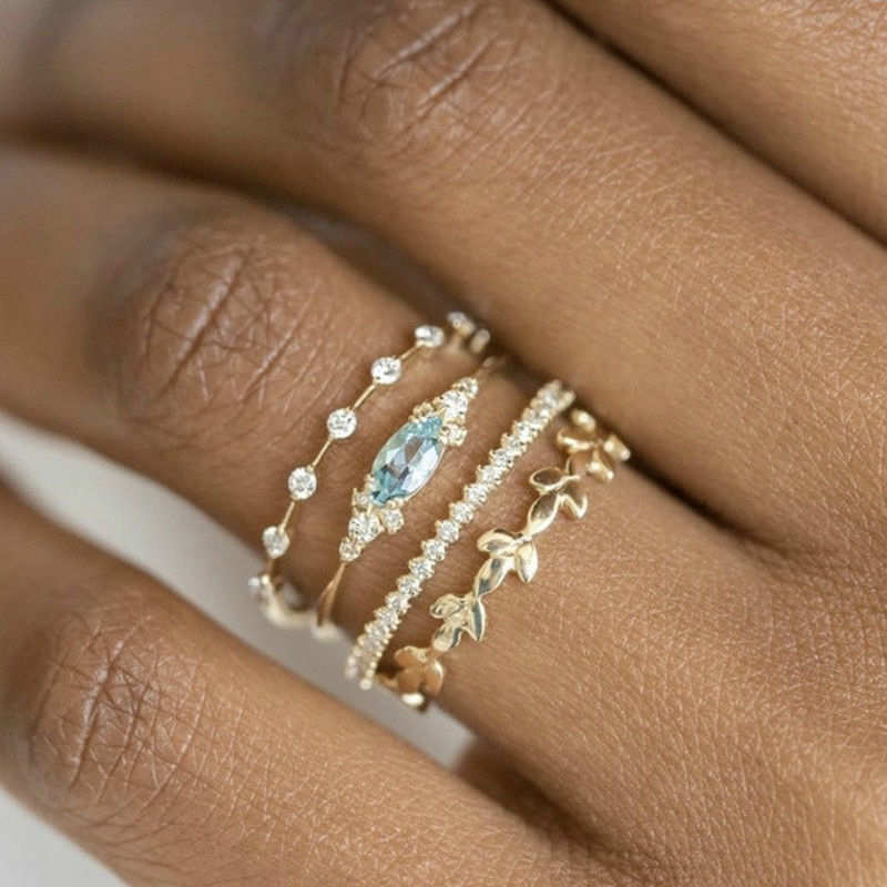 Ring Designer Fine Jewellery Gold Plated Blue Cubic Zirconia Princess Assortment for Engagement Wedding Ceremony Gift High Quality Textured Finish