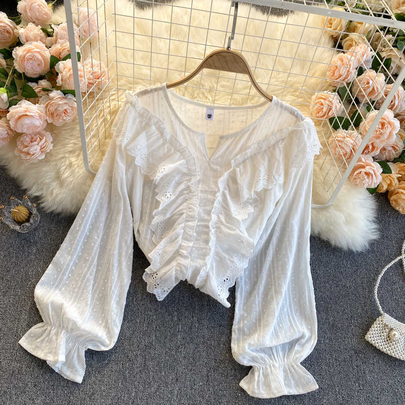 Spring Fashion Women Polka-dot Ruffled Long Sleeve Slim White Shirt Tops Lady Elegant Blusas Mujer De Moda Blouse R352 210527