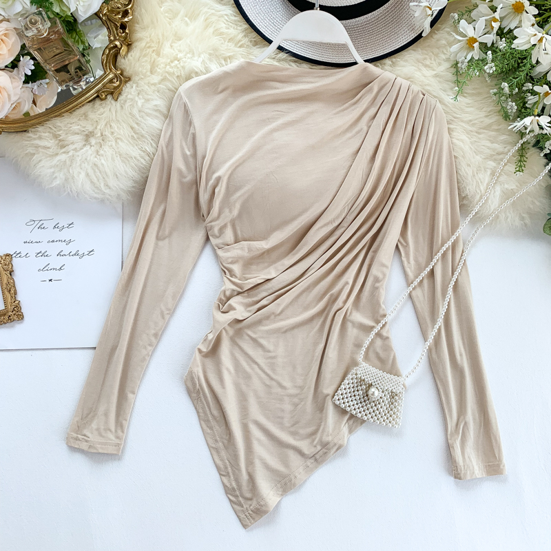Women's Autumn New Crowd Fold Thin Irregular Tops Ins Long Sleeve Solid Color Casual Tee J763 210302