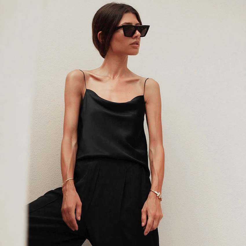 OOTN Elegant Spring Satin Black Cami Top Women Beige Silk Spaghetti Strap Camis Ladies Solid Draped Sleeveless Summer Camisole 210308