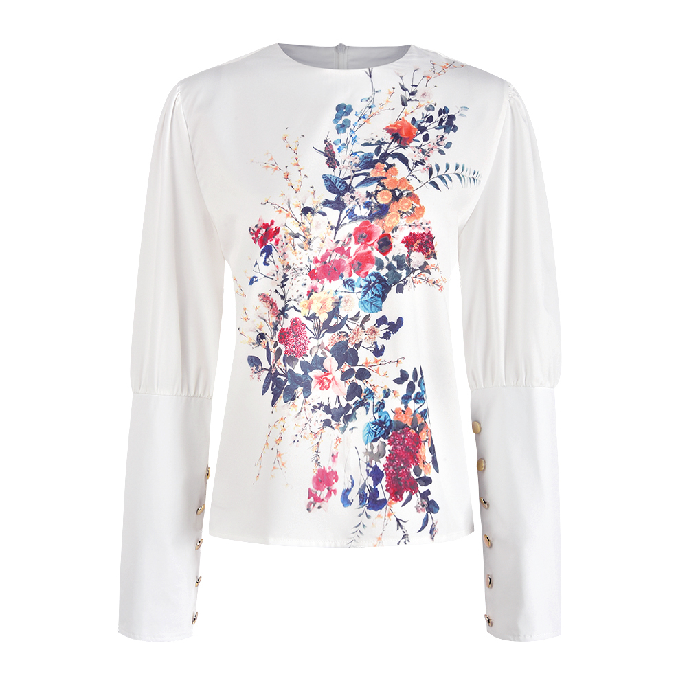 Women Printed Metal Button Detail Blouse Autumn Office Lady Casual Round Neck Solid Long Sleeve Shirt Elegant Tops Pullover D30 210225