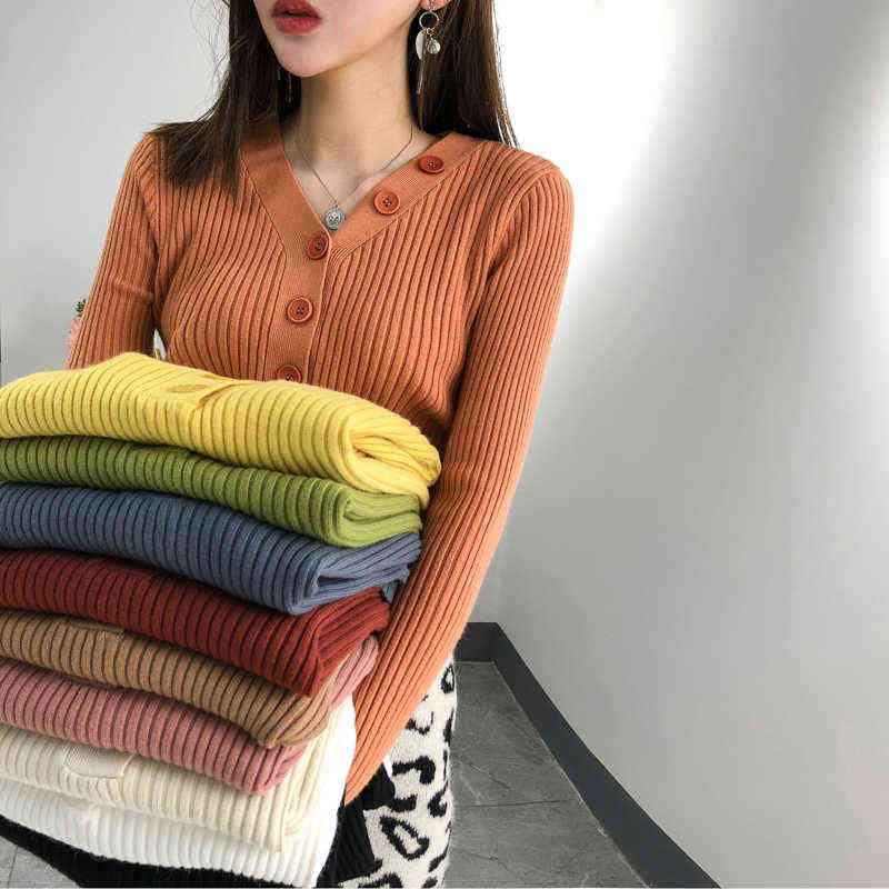 Autumn and Winter Korean Long Sleeve pullover V-neck Knitted Sweater Slim Gentle Knitwear with Button Women Pull Femme 10807 211123wtt