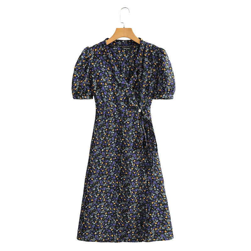 Elegant Women V-Neck Floral Print Dress Fashion Ladies Puff Sleeve Vintage Female Chic Asymmetric es 210527
