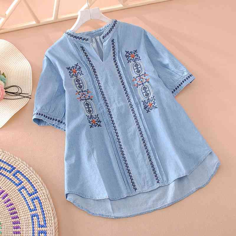 VANOVICH Embroidery Summer Women Blouses and Tops Fashion Wild Cotton Short Sleeve V-neck Clothing 210615, Blue
VANOVICH Embroidery Summer Women Blouses and Tops Fashion Wild Cotton Short Sleeve V-neck Clothing 210615, Blue