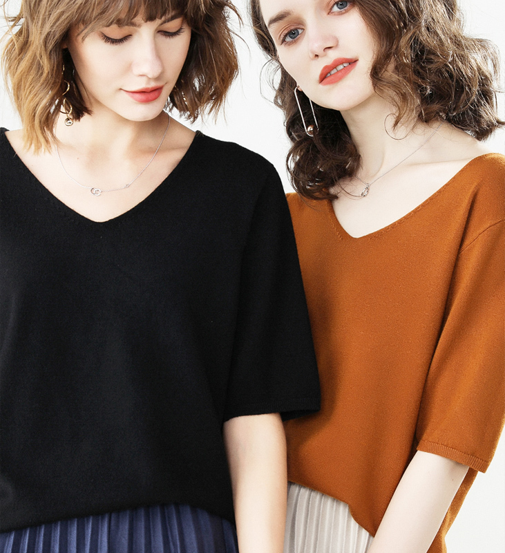 Spring summer thin pullover v-neck sweater women short sleeve loose knitted bottoming shirt wool top 210306
