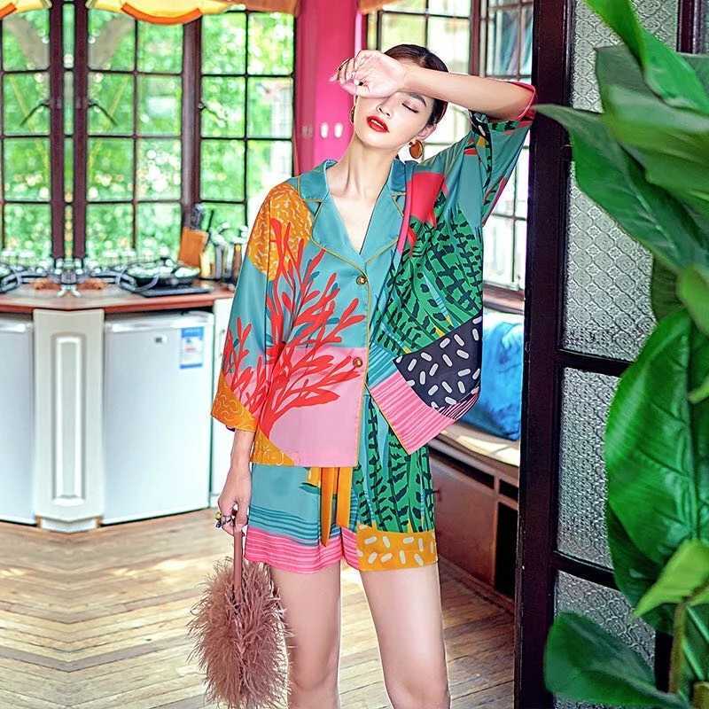 Autumn Print Satin Pajamas Set Women's Casual Home Wear Long Sleeve Elastic Waist Temperament Sleepwear Two Piece Pajama Set 210924