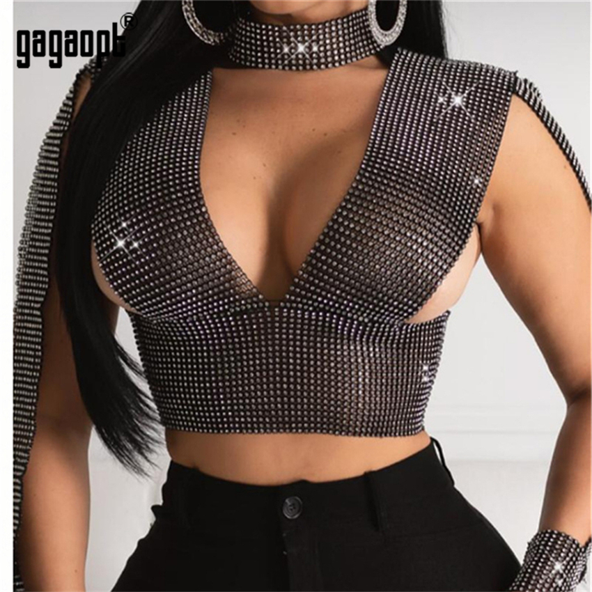 Gagaopt Bling Rhinestone Tank Top Sexy Deep V Neck See Through Patchwork Hollow Out Crop Top Party Night Club Lady Hot Tank Tops 210308