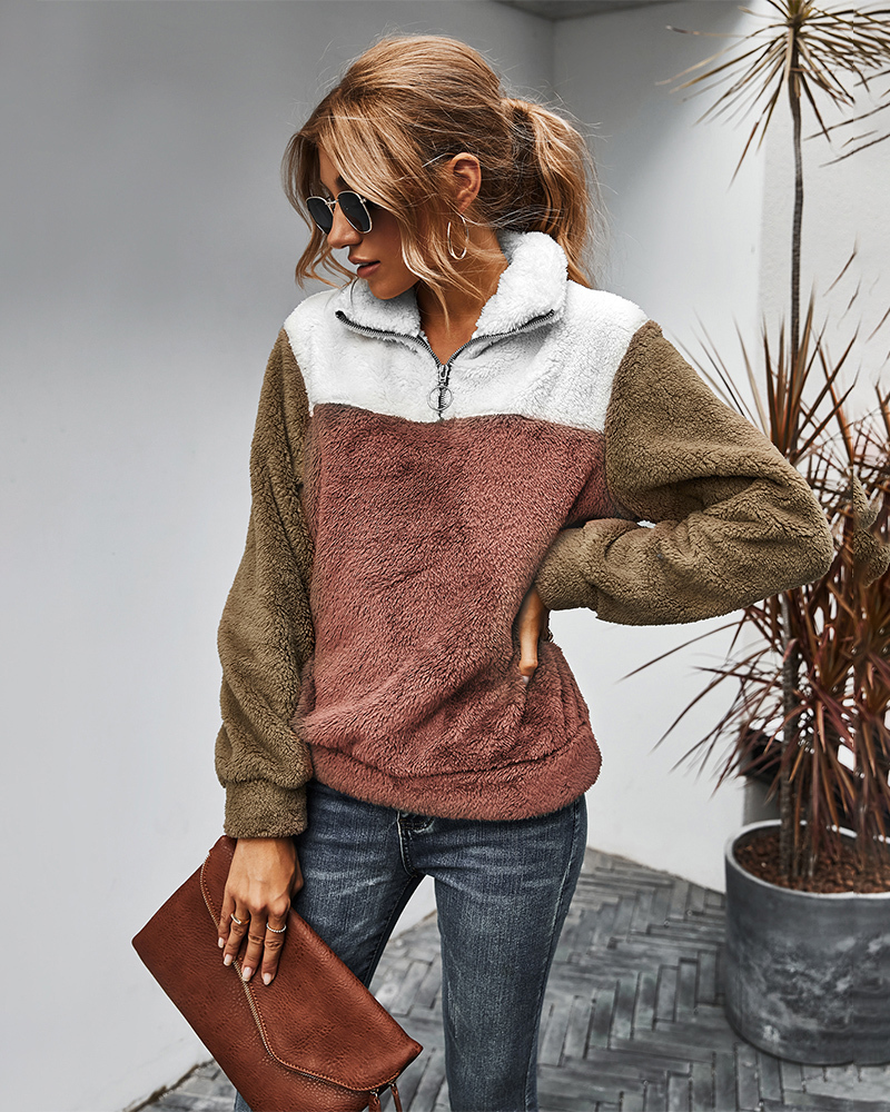 Winter Plush Keep Warm Sweatshirts Hoodie Turn Down Collar Zip Hoodies Fleece Patchwork Thick Hoody Women Long Sleeve Casual 201204