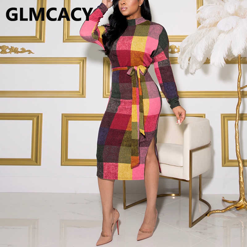 Women Long Sleeve O Neck Plaid Slim Pencil Dress Casual Classy Bodycon Midi Dresses 210702