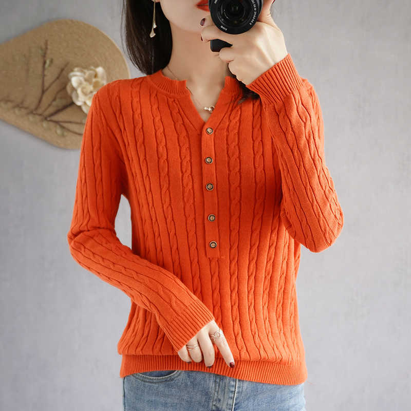 BARESKIY Women's Tops Pure Color Slim Korean Cotton Sweater V-neck Short Stretch Pullover Base Shirt Ladies Jacket 210918