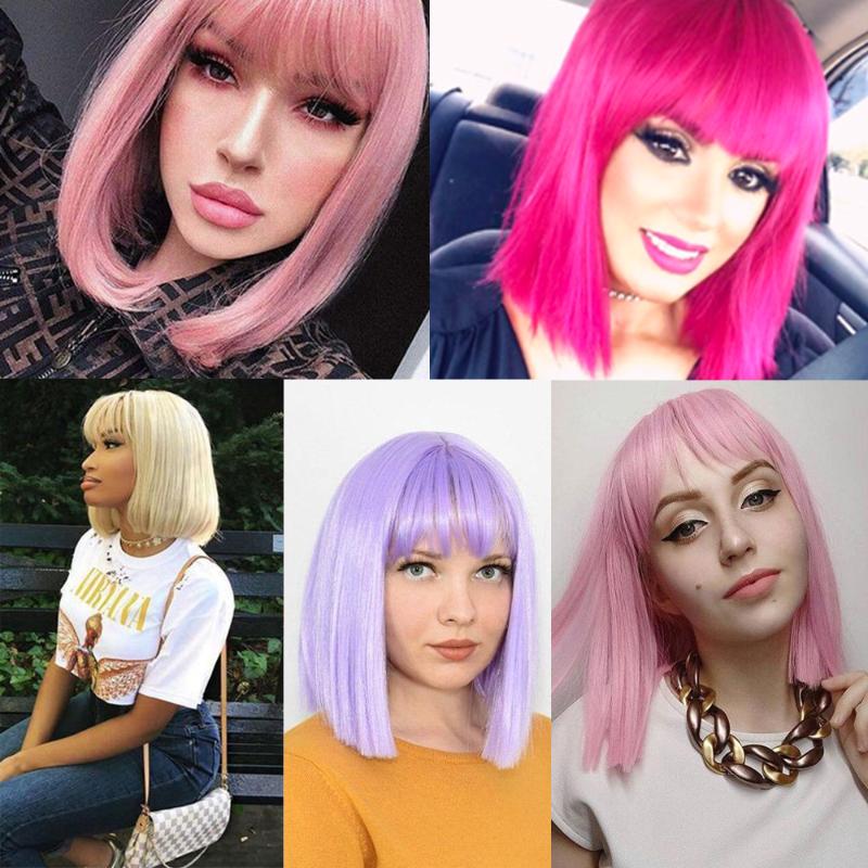 Synthetic Wigs DaiQi Straight Short Bob Wig With Bangs 12 Inches For Women Brown Ombre Blue Purple Pink Cosplay Daily
