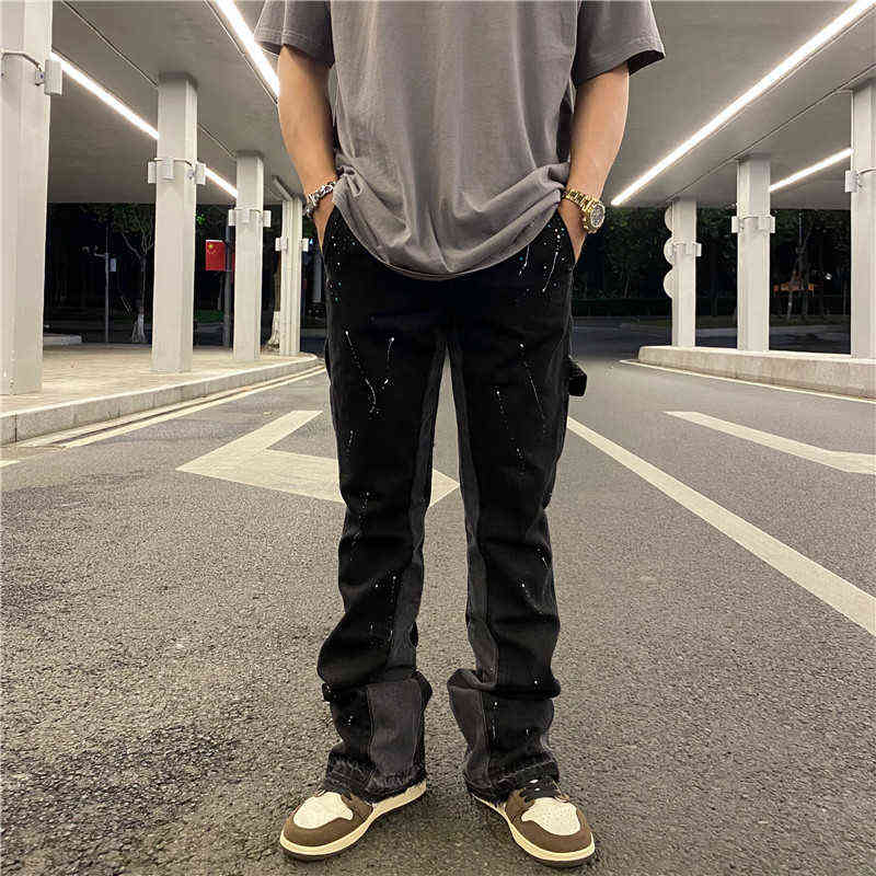 Urban Streetwear Flare Pants Black Wide Leg Jeans Hip Hop Splashed Ink Trousers Men Patchwork Slim Fit Denim for 211108