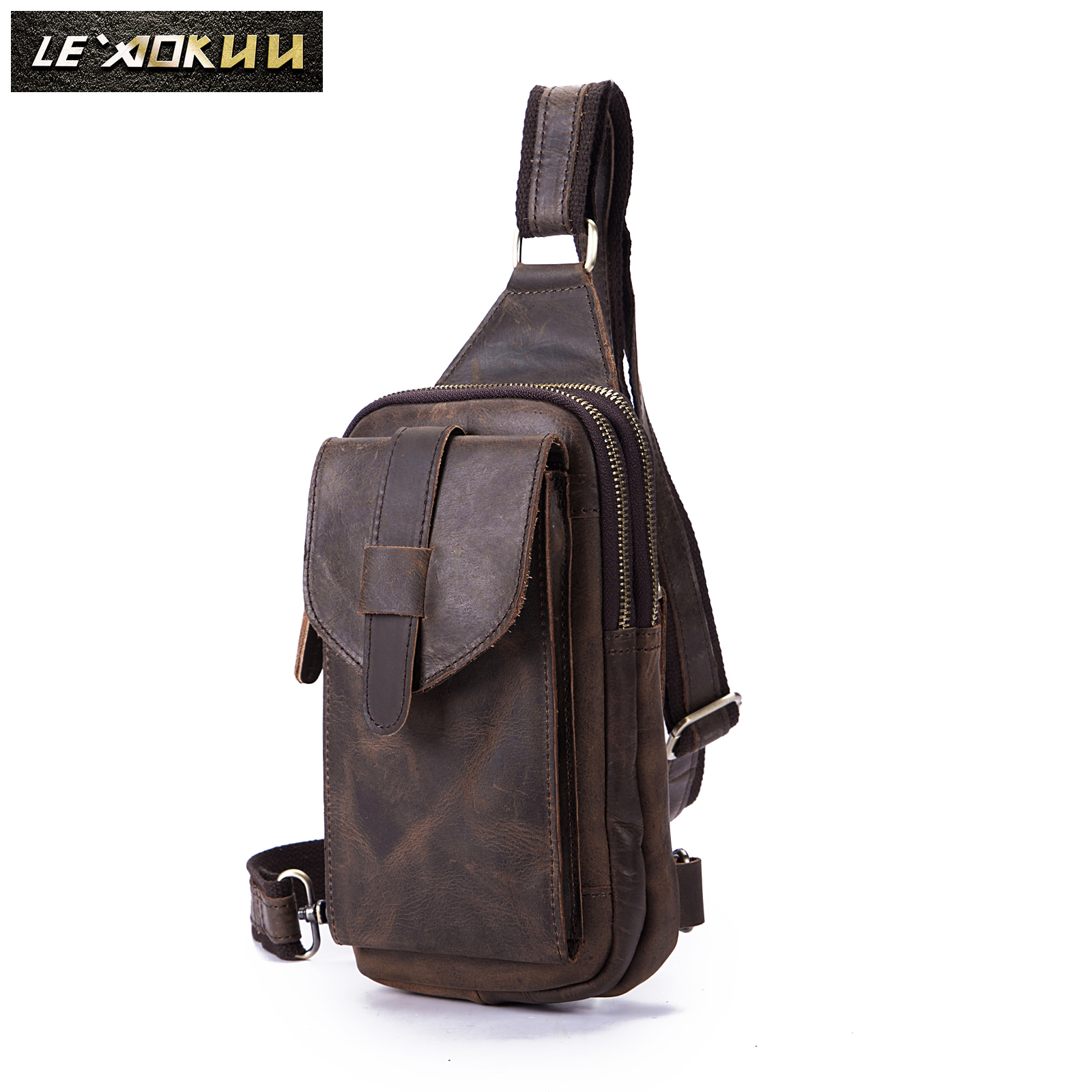 Waist Bags Top Quality Men Original Leather vintage Design Fanny Wasit Chest Pack Bag Sling Crossbody Bag Daypack XB571-db 210305