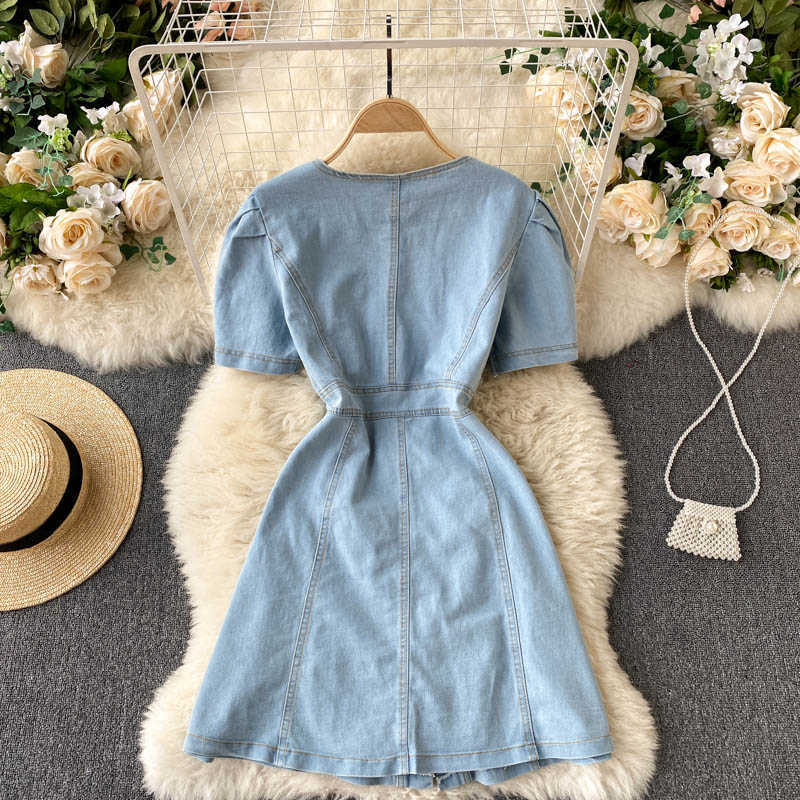 Women Fashion Retro Denim A-line Mini Dress Summer V-neck Button-down Short Sleeve Solid Color Korean Vestidos S045 210527