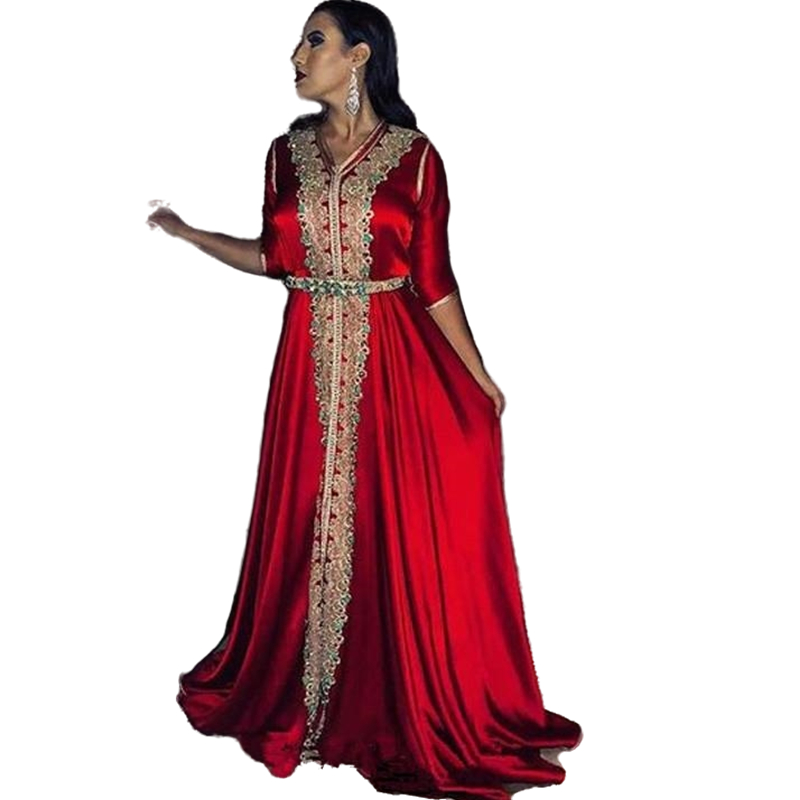Arabic Moroccan Kaftan Red Satin Formal Evening Dresses A Line Half Sleeve Applique Lace Beaded Muslim Prom Dress Special Occasion Celebrity Party Gow
